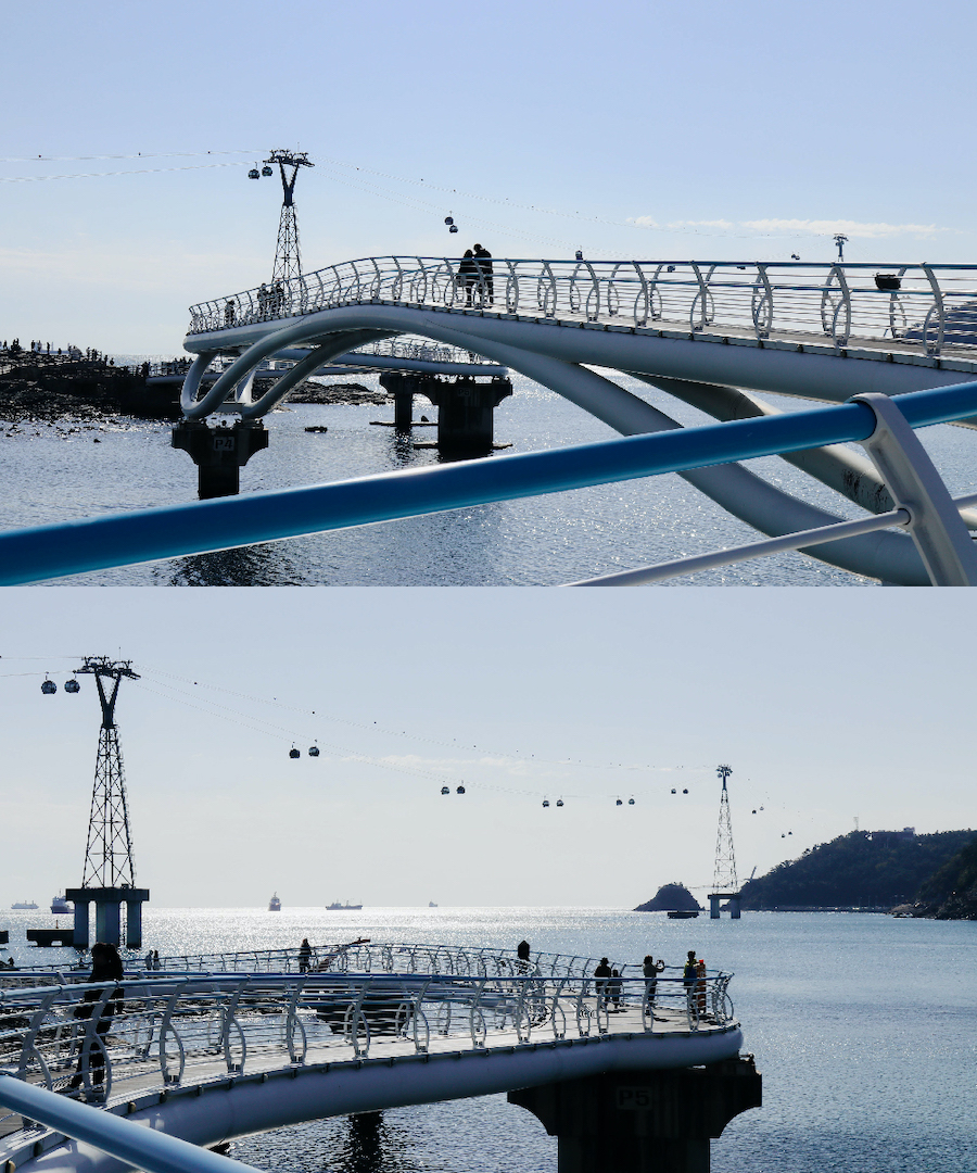 釜山景點推薦：走在釜山松島海灘旁的松島天空步道與欣賞纜車與海景
